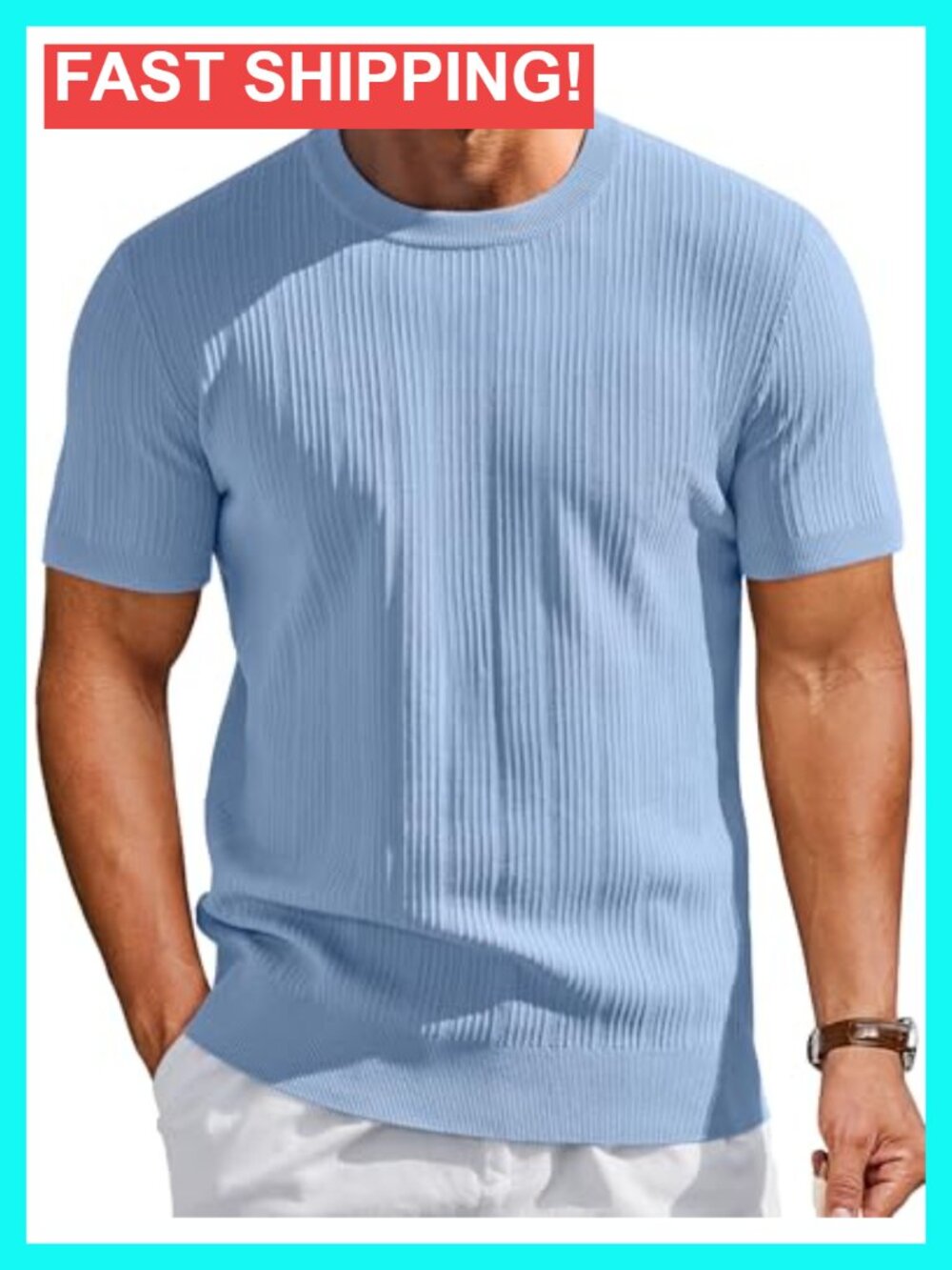 Men's Short Sleeve Knit Shirt Crewneck Ribbed Dress Tee Casual Stretch Top
